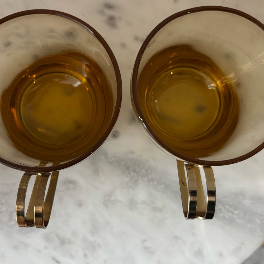 2 Vintage MCM Libbey Amber Glass Continental Cup w Gold Metal Greek Key Handles - Picture 5 of 12